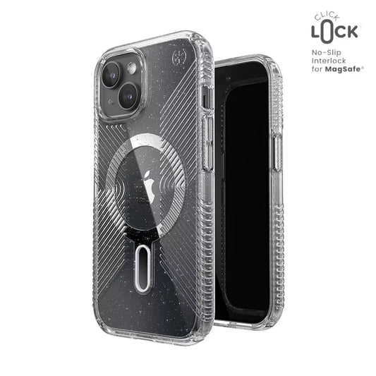 Speck Presidio Lux Grip ClickLock & Magsafe – Dėklas skirtas iPhone 16e / iPhone 15 / iPhone 14 / iPhone 13 (Permatomas / Platininis Blizgučiai / Chromo Apdaila / Raminantis Sidabrinis)