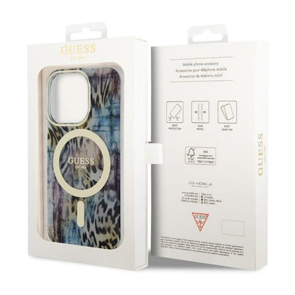 Guess Leopard MagSafe – dėklas, skirtas iPhone 14 Pro Max (mėlynas)