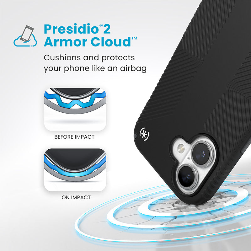 Speck Presidio2 Grip – dėklas iPhone 16 (juodos / skaidrios pilkos / baltos spalvos)
