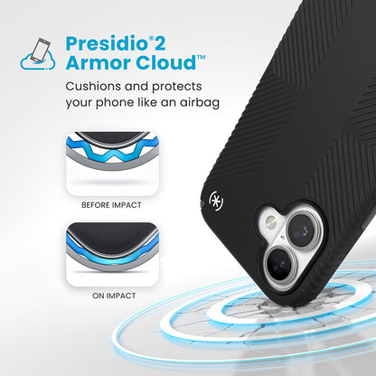 Speck Presidio2 Grip – dėklas iPhone 16 (juodos / skaidrios pilkos / baltos spalvos)