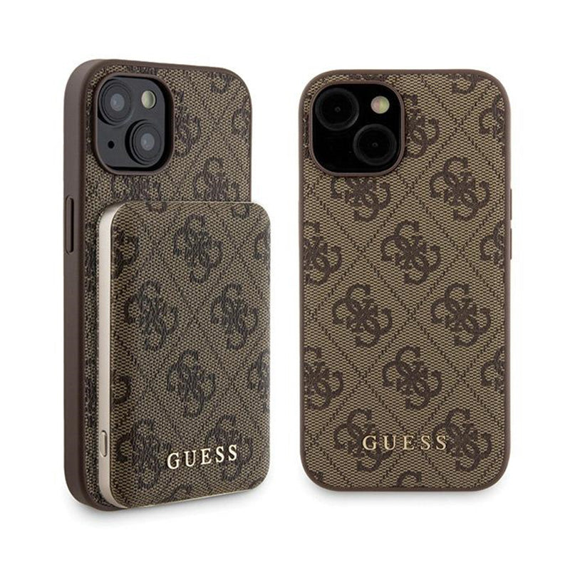 Guess Bundle Pack MagSafe 4G Metal Gold Logo - Dėklo rinkinys + Power Bank 5000mAh MagSafe iPhone 15 (ruda)