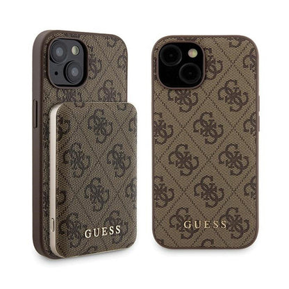 Guess Bundle Pack MagSafe 4G Metal Gold Logo - Dėklo rinkinys + Power Bank 5000mAh MagSafe iPhone 15 (ruda)