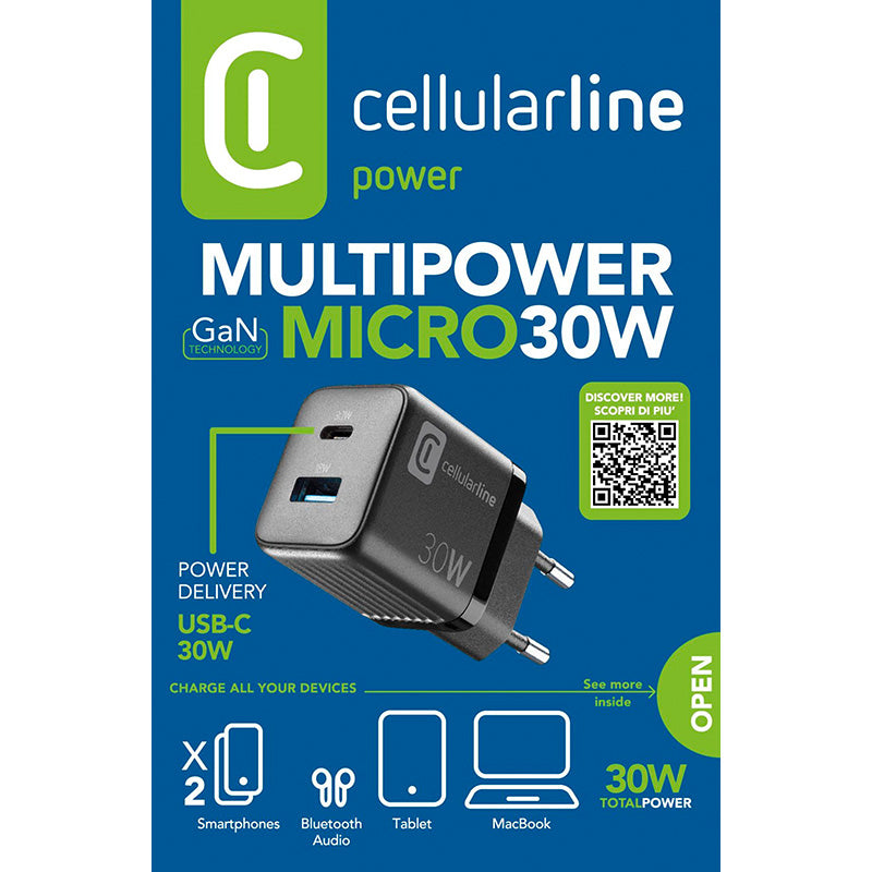 Cellularline Multipower Micro GaN - USB-C ir USB-A Power Delivery 30W tinklo įkroviklis (juodas)
