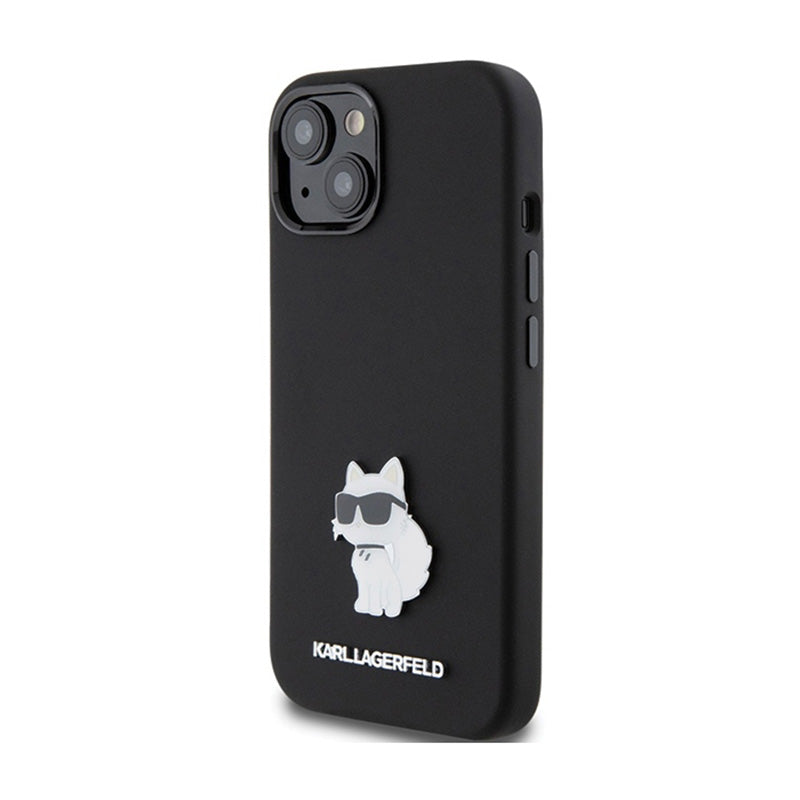 Karl Lagerfeld silikoninis "Choupette" metalinis segtukas – „iPhone 15 Plus“ dėklas (juodas)
