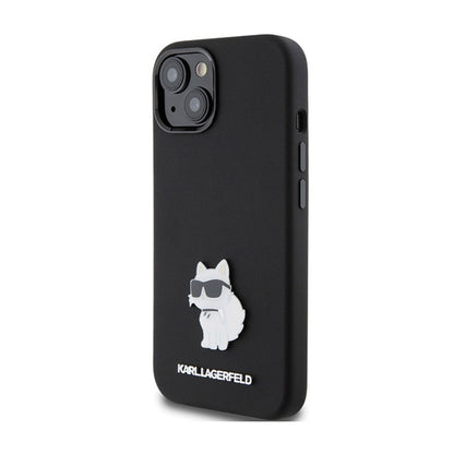 Karl Lagerfeld silikoninis "Choupette" metalinis segtukas – „iPhone 15 Plus“ dėklas (juodas)