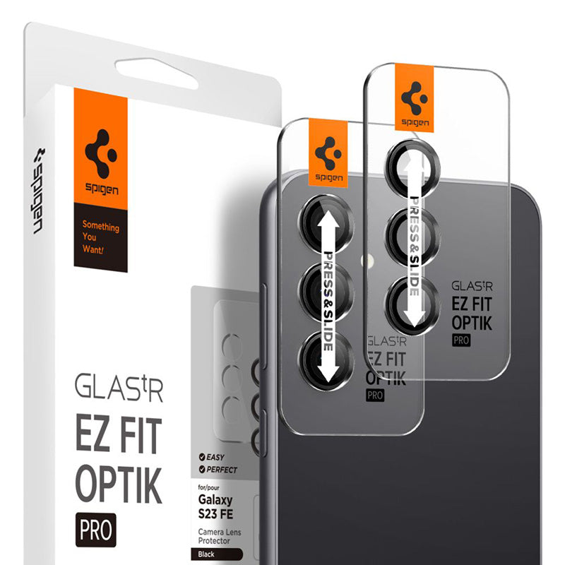 Spigen Optik Pro GLAS.TR EZ Fit kameros apsauga 2-Pack - Lęšio apsauginis stiklas skirtas Samsung Galaxy S23 FE (2 vnt) (juoda)