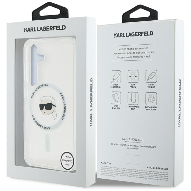 Karl Lagerfeld Button Karl Head Printed Logo MagSafe - Dėklas, skirtas Samsung Galaxy S25 (baltas)