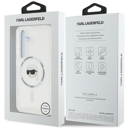 Karl Lagerfeld Button Karl Head Printed Logo MagSafe - Dėklas, skirtas Samsung Galaxy S25 (baltas)