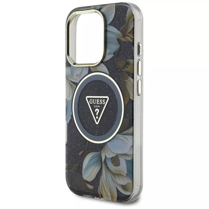 Guess Glitter Flowers Triangle Buttons MagSafe - Dėklas iPhone 16 Pro (juodas)
