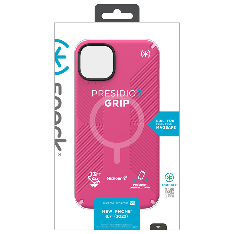 "Speck Presidio2 Grip + MagSafe" - dėklas "iPhone 14 Plus" su MICROBAN danga (Digitalpink / Blossompink / White)