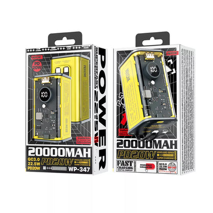 WEKOME WP-347 „Vanguard Series“ – 20000 mAh itin greito įkrovimo maitinimo blokas su įmontuotu USB-C PD 20W ir „Lightning“ + USB-A QC3.0 22,5W laidu (geltonas)