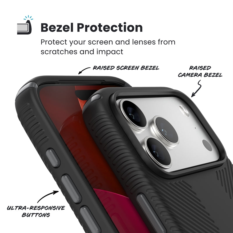 Speck Presidio2 Grip ClickLock ir MagSafe dėklas, skirtas iPhone 17 Pro Max (juoda / pilka / balta)