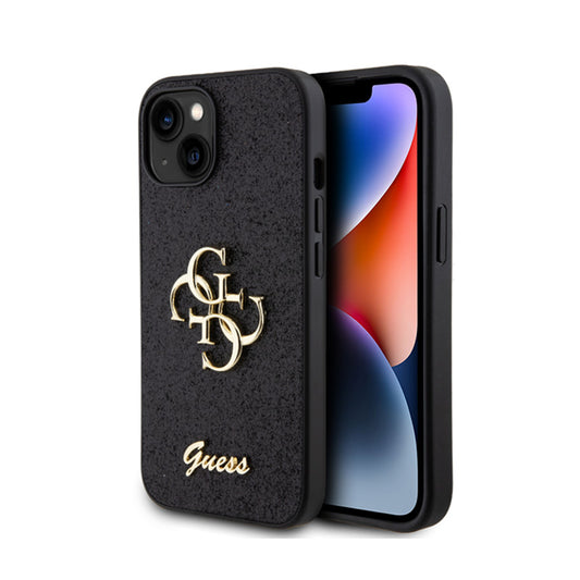 Guess Glitter Script Big 4G – dėklas, skirtas iPhone 15 (juodas)