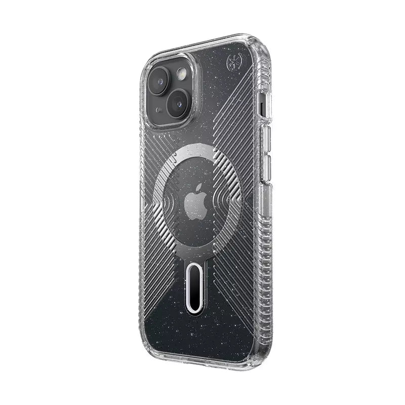 Speck Presidio Lux Grip ClickLock & Magsafe – Dėklas skirtas iPhone 16e / iPhone 15 / iPhone 14 / iPhone 13 (Permatomas / Platininis Blizgučiai / Chromo Apdaila / Raminantis Sidabrinis)