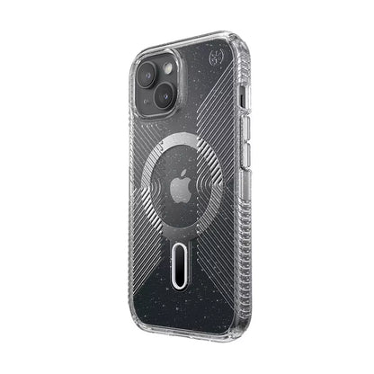 Speck Presidio Lux Grip ClickLock & Magsafe – Dėklas skirtas iPhone 16e / iPhone 15 / iPhone 14 / iPhone 13 (Permatomas / Platininis Blizgučiai / Chromo Apdaila / Raminantis Sidabrinis)