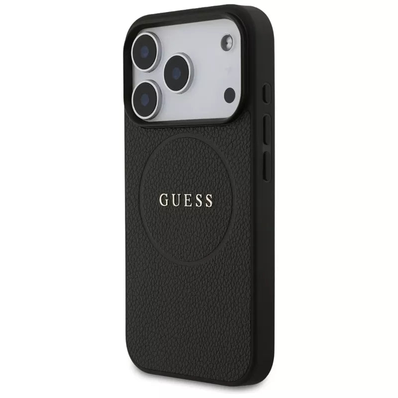 Guess Tekstūruotas žiedas MagSafe - Dėklas iPhone 17 Pro (juodas)