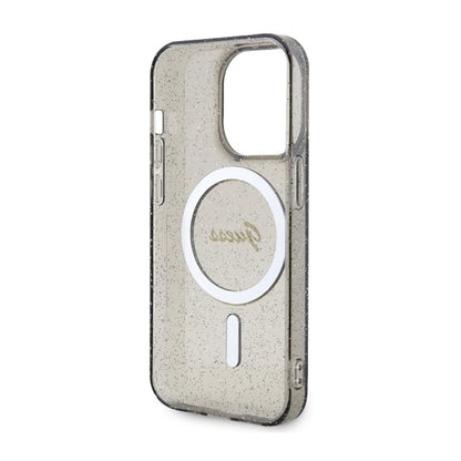 Guess Glitter Gold MagSafe – dėklas, skirtas iPhone 14 Pro (juodas)