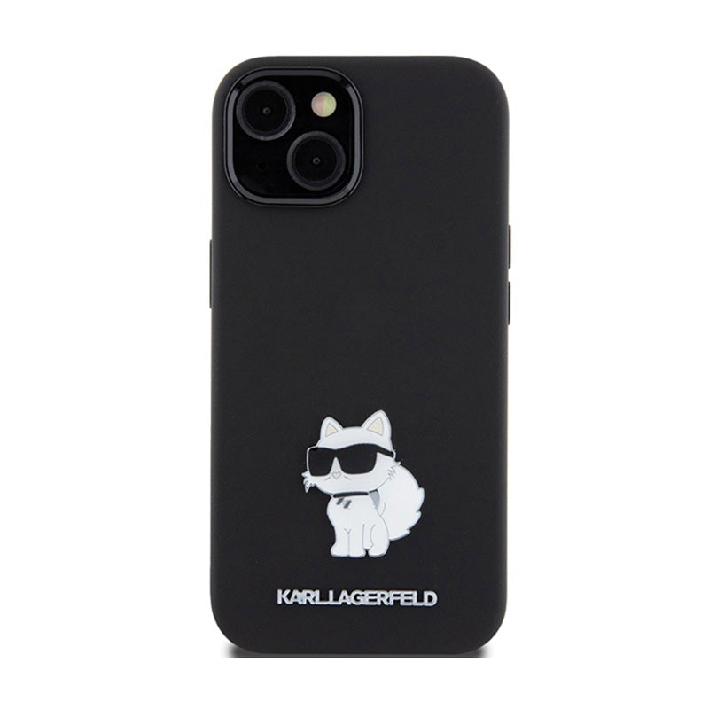 Karl Lagerfeld silikoninis "Choupette" metalinis segtukas – „iPhone 15 Plus“ dėklas (juodas)