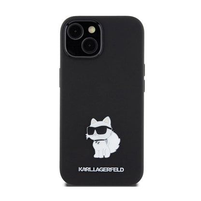 Karl Lagerfeld silikoninis "Choupette" metalinis segtukas – „iPhone 15 Plus“ dėklas (juodas)