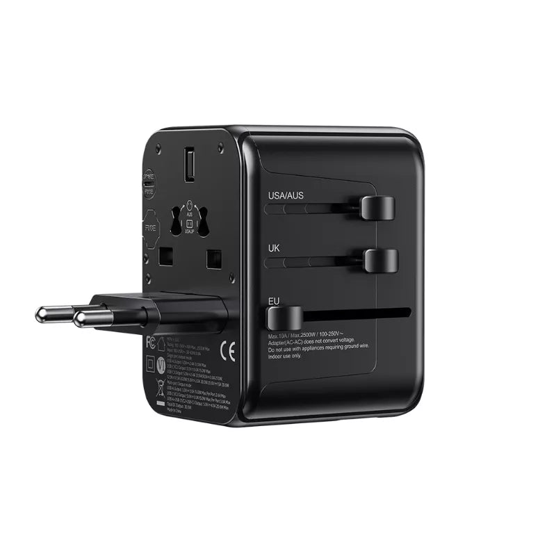 WEKOME WP-U03 Pop Digital Series - EU / UK / US / AU Įkroviklis / Kelioninis Adapteris + 3x USB-C ir 2x USB-A 30W (Juoda)