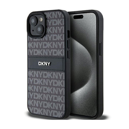 DKNY Leather Mono Stripe & Metal Logo - Dėklas, skirtas iPhone 15 Plus / 14 Plus (juodas)