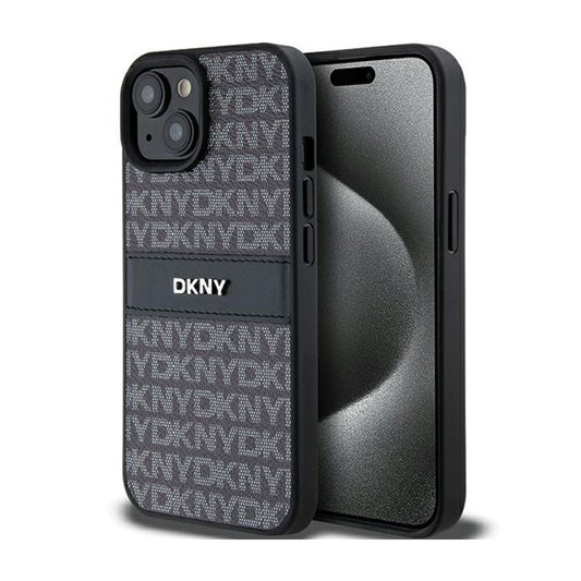 DKNY Leather Mono Stripe & Metal Logo - Dėklas, skirtas iPhone 15 Plus / 14 Plus (juodas)