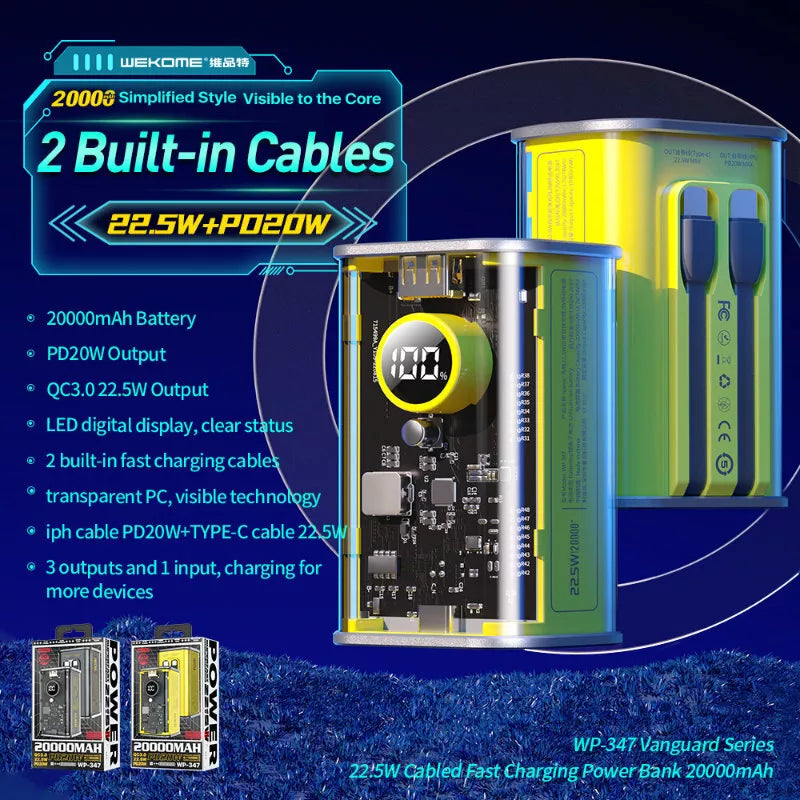 WEKOME WP-347 „Vanguard Series“ – 20000 mAh itin greito įkrovimo maitinimo blokas su įmontuotu USB-C PD 20W ir „Lightning“ + USB-A QC3.0 22,5W laidu (geltonas)