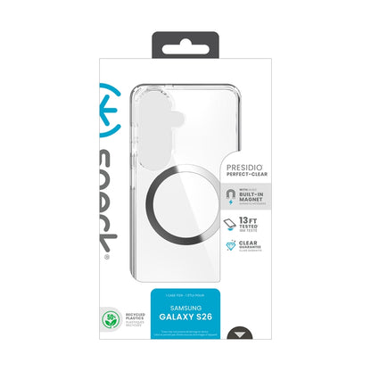 Speck Presidio Perfect-Clear Magnet – Samsung Galaxy S26 dėklas su MagSafe (Skaidrus/Skaidrus/Sidabrinis)