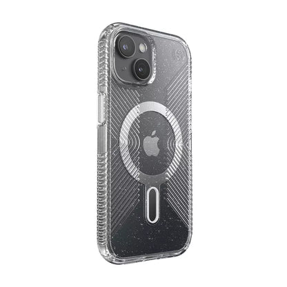 Speck Presidio Lux Grip ClickLock & Magsafe – Dėklas skirtas iPhone 16e / iPhone 15 / iPhone 14 / iPhone 13 (Permatomas / Platininis Blizgučiai / Chromo Apdaila / Raminantis Sidabrinis)