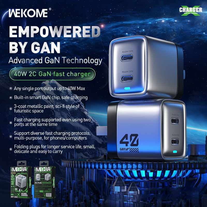 WEKOME WP-U02 Mecha Series – 2x USB-C Super Greito Įkroviklio GaN 40W tinklo įkroviklis (sidabrinis)