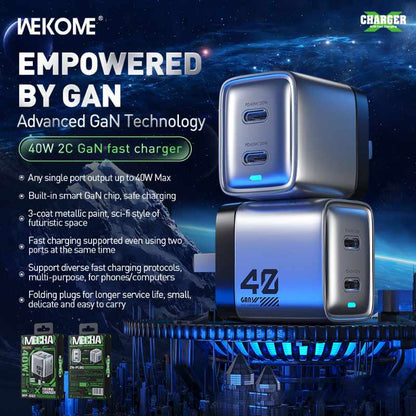 WEKOME WP-U02 Mecha Series – 2x USB-C Super Greito Įkroviklio GaN 40W tinklo įkroviklis (sidabrinis)