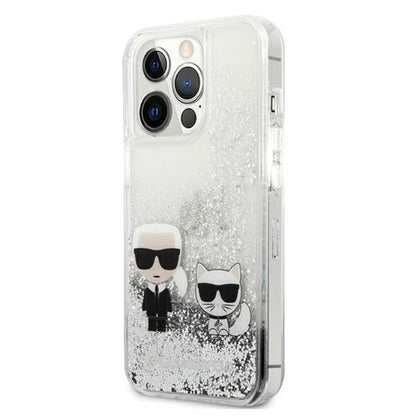 Karl Lagerfeld dėklas su skystais blizgučiais Karl ir Choupette, skirtas iPhone 13 Pro (Sidabrinė)