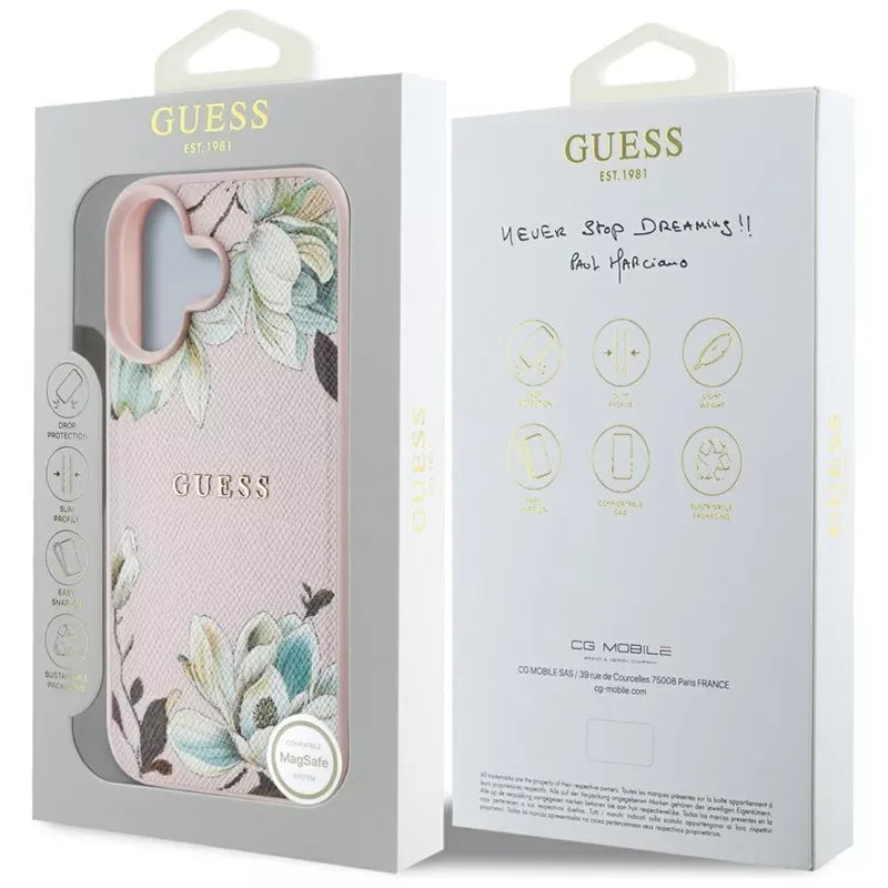 Guess Grained Printed Flower Pattern MagSafe - dėklas iPhone 16 (rožinis)