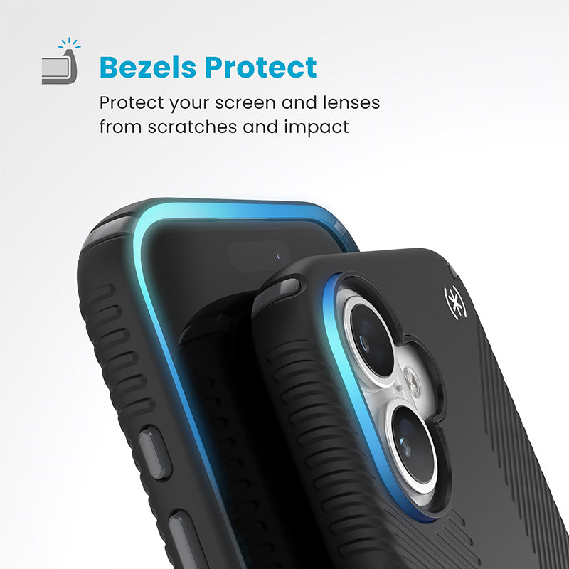 Speck Presidio2 Grip – dėklas iPhone 16 (juodos / skaidrios pilkos / baltos spalvos)