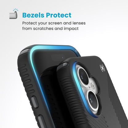 Speck Presidio2 Grip – dėklas iPhone 16 (juodos / skaidrios pilkos / baltos spalvos)