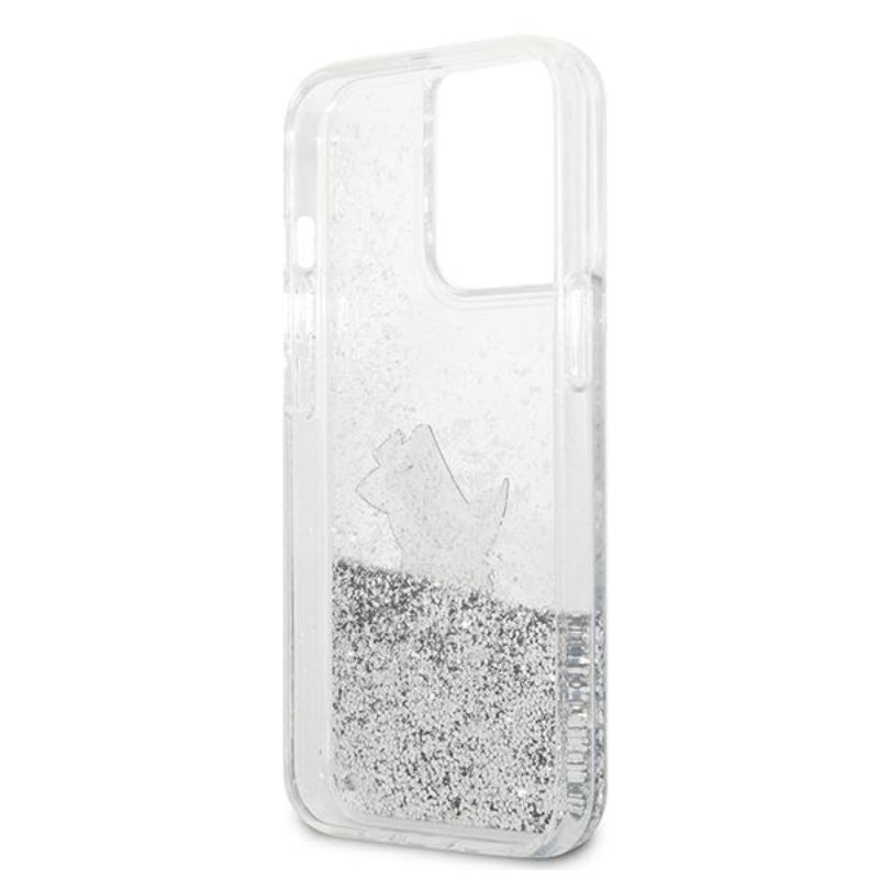 Karl Lagerfeld Liquid Glitter Choupette Fun – „iPhone 13 Pro Max“ dėklas (sidabrinis)