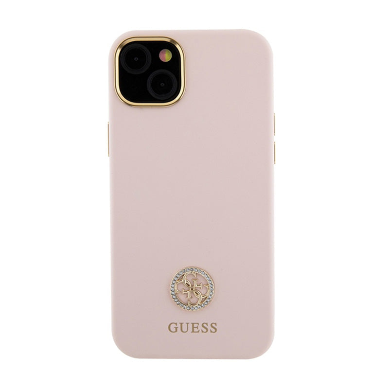 Guess Silicone Logo Strass 4G - iPhone 15 dėklas (rožinis)