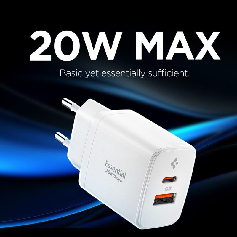 Spigen Essential EE202EU GaN Pro – Sieninis įkroviklis USB-C + USB-A 20W (Baltas)