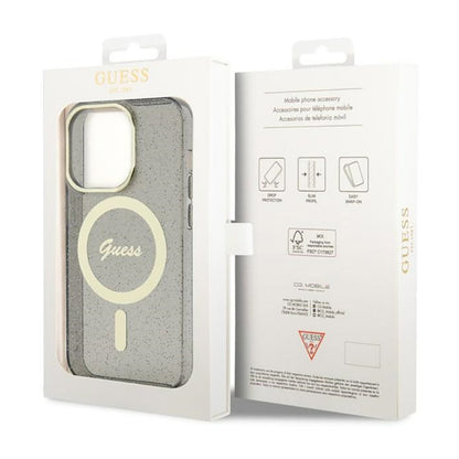 Guess Glitter Gold MagSafe – dėklas, skirtas iPhone 14 Pro (juodas)