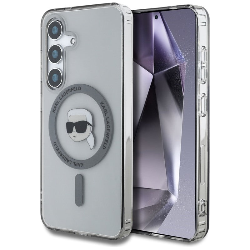 Karl Lagerfeld Button Karl Head Printed Logo MagSafe - dėklas, skirtas Samsung Galaxy S25 (juoda)