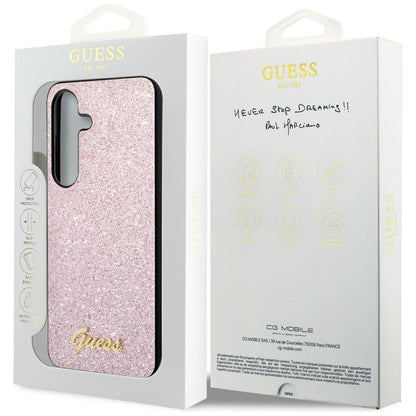Guess Glitter Flakes Metal Logo dėklas – dėklas skirtas Samsung Galaxy S24 (rožinės spalvos)