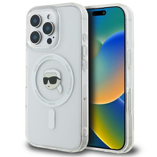 Karl Lagerfeld IML Metal Karl Head MagSafe - dėklas iPhone 16 Pro Max (baltas)
