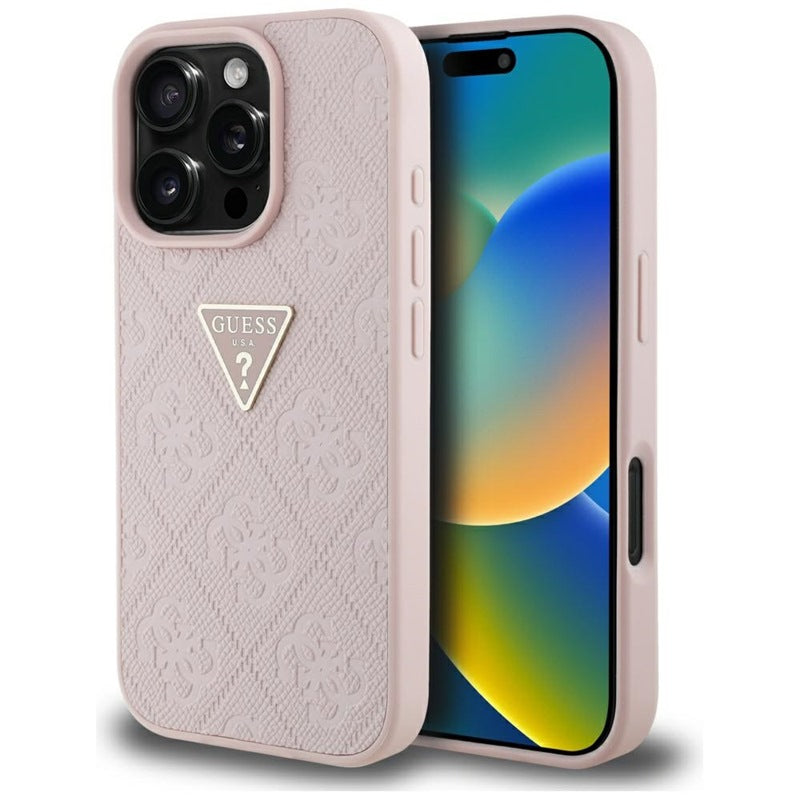 Guess Hot Stamp 4G Pattern Triangle Metal Logo - „iPhone 16 Pro“ dėklas (rožinis)