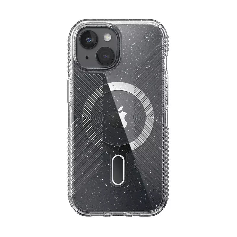 Speck Presidio Lux Grip ClickLock & Magsafe – Dėklas skirtas iPhone 16e / iPhone 15 / iPhone 14 / iPhone 13 (Permatomas / Platininis Blizgučiai / Chromo Apdaila / Raminantis Sidabrinis)
