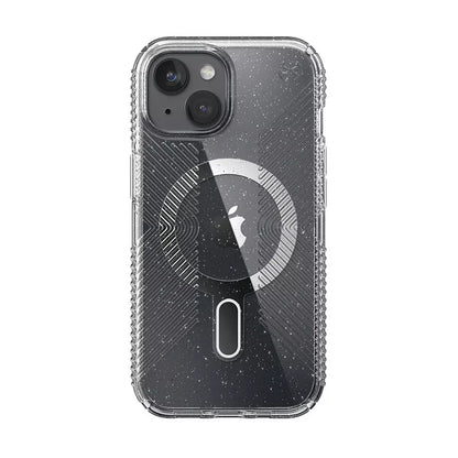 Speck Presidio Lux Grip ClickLock & Magsafe – Dėklas skirtas iPhone 16e / iPhone 15 / iPhone 14 / iPhone 13 (Permatomas / Platininis Blizgučiai / Chromo Apdaila / Raminantis Sidabrinis)