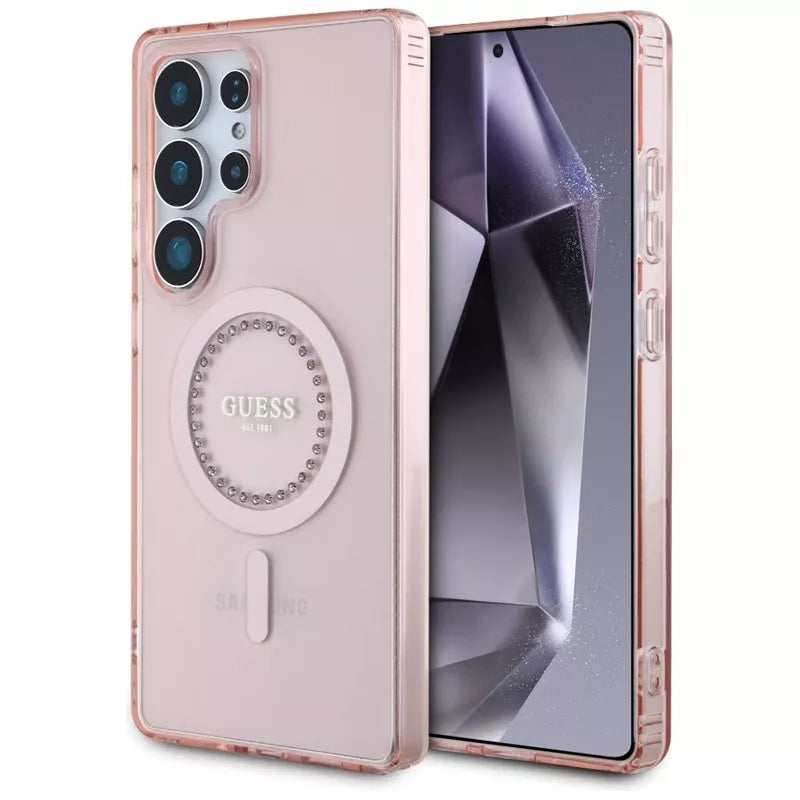 Guess Rhinestones Printed Classic Logo MagSafe – dėklas, skirtas Samsung Galaxy S25 Ultra (rožinis)