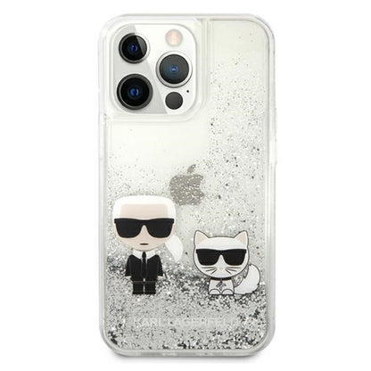Karl Lagerfeld dėklas su skystais blizgučiais Karl ir Choupette, skirtas iPhone 13 Pro (Sidabrinė)