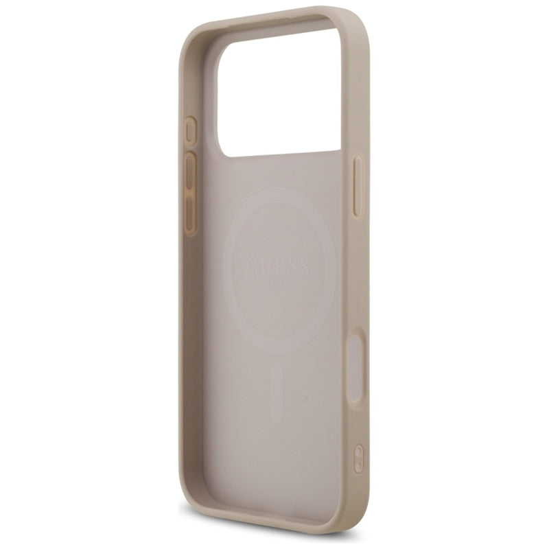 Guess 4G Spausdintos juostelės MagSafe dėklas iPhone 17 Pro Max (rožinis)