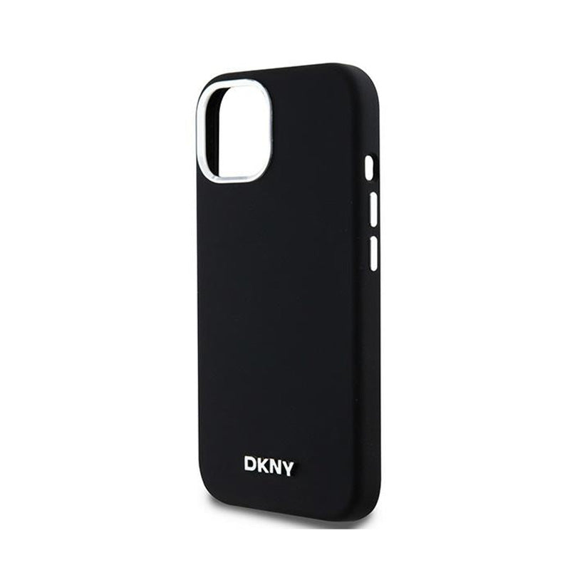 DKNY Liquid Silicone Small Metal Logo MagSafe – dėklas, skirtas iPhone 15 / 14 / 13 (juodas)