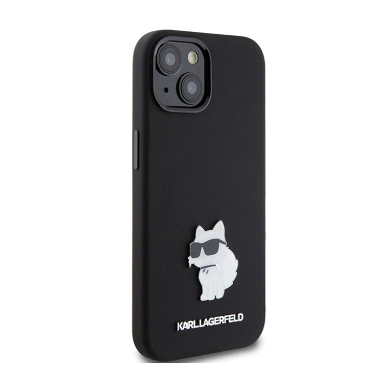 Karl Lagerfeld silikoninis "Choupette" metalinis segtukas – „iPhone 15 Plus“ dėklas (juodas)